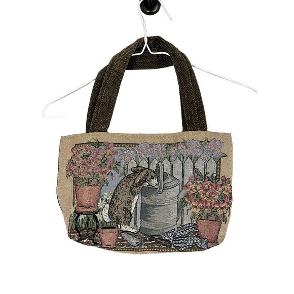 Timeless Treasures Bag Women S Tan Tapestry Bunny Embroidery Granny Handmade 80s - Picture 1 of 11